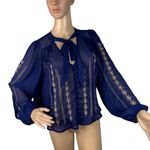 Band of Gypsies Band of Gypsies top Sheer Blue With Gold Embroidery Tie Blouse Size Small Boho Photo 0