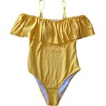 One Piece BOUTIQUE-SWIMSUIT Beautiful yellow  swimsuit, yellow off shoulder, ruffle top, adjustable straps, padded built in bra, excellent condition, size large Chest measures 16-19 inches  *ALL SWIMSUITS HAVE BEEN CLEANED SNS SANITIZED * Photo 0