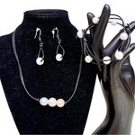 Freshwater Pearl Jewelry Set, Necklace, Earrings, Bracelet on Black Leather Cord White Photo 0