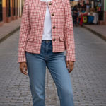 ZARA NWT Tweed Houndstooth Blazer Gold buttons White Pink Small Photo 0