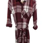 SO Plaid Shirt Dress Long Sleeve Roll Tab Sleeves Red Burgundy with Pockets Small Photo 2