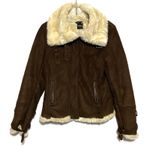 EXPRESS  VTG Faux Suede Fur Brown Moto Bomber Jacket Womens S Zip Buckles Y2K Photo 0