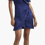 Hill House  Nima Silk Ruffle Wrap Mini Dress in Navy Blue Size Medium Photo 0