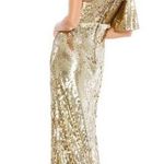Mac Duggal Cap Sleeve Gown Gold Cowl Neck Trumpet Sequin Gown Maxi Dress 16 Photo 1