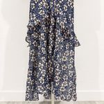 RIXO Cheryl 100% Silk Floral Puff Sleeve Ruffle Trim Tiered Midi Dress Small Blue Photo 3