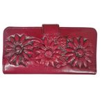 Handmade Vtg Red Tooled Leather Sunflower Womens Embossed Clutch Wallet Mexico 8" x 4" Photo 6