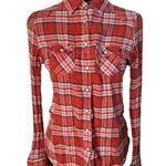 American Eagle  Juniors Western Orange Plaid Pearl Snap Button Down Shirt Size 6. Photo 0