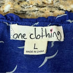 One Clothing  Los Angeles Navy Blue Crane Print Sheer Peplum Blouse Women’s L Photo 8