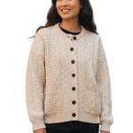 VTG British Wool Chunky Oversize Wool Cable Knit Cardigan Sweater Sz S Ivory White Photo 0