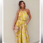 Aakaa  Yellow HOLTZ SATIN PRINTED HALTER JUMPSUIT Large NWT Photo 2