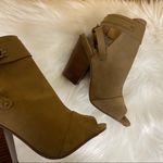 joe's jeans Petra Suede Peep Toe Tobacco Tan Block Heel Sandals Size 5.5 Photo 3