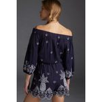 Anthropologie  Farm Rio Jackie Embroidered Romper Eyelet Blue White Linen Photo 7