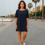 Eileen Fisher Women's Tencel Knit Hi-Low Tunic Dress Navy Blue Slit Sleeve Sz M Photo 13