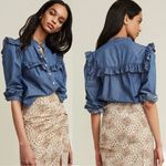 Veronica Beard  Tes Ruffle Chambray Button Up Shirt Indigo Size 10 Medium Photo 1