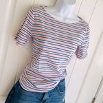 J.Crew  Pink & Blue Striped Boatneck 3/4 Short Sleeve Ribbed Knit Top Sz Small Photo 2