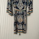 Studio One Blue Tan Paisley Dress with Bell Sleeves & Tie Belt | Large Photo 6