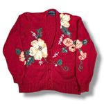 Vintage 90s Herman Geist Hand Embroidered Floral Knit Cardigan Sweater Red Crop Size M Photo 0