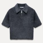 ZARA  Short Sleeve 1/4 Zip Collared Cropped Faux Polo Top Charcoal Gray Medium Photo 2