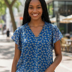 MELLODAY  Blue Floral Lined Blouse, size XL Photo 0