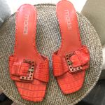 Moda 90s style  orange and gold slip on open toe sandals kitten heels with buckle detail Photo 2