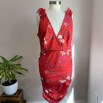 Fashion to figure Red Floral Form Fitting Ruched Sides V Neck Mini Dress Photo 1