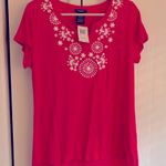 Premise NWT! Pink Corel embellished t-shirt Blouse with white embroidery. Sz L Photo 0