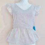 Draper James  RSVP Pink Green and White Striped Seersucker Peplum Blouse. Photo 0