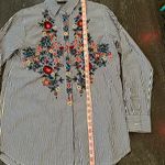 ZARA Women's XS Blue Striped Embroidered Poplin Button-Up Long Sleeve Shirt Photo 7