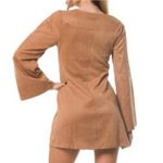 Mink Pink Tan Faux Suede Long Bell Sleeve Open Shoulder Mini Dress Size Medium Photo 1