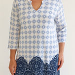 Como vintage women’s blue paisley floral textile tunic sz L boho beachy coastal Photo 0