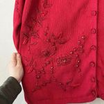 Women’s Red Cardigan Embroidered Vintage Beaded 3x Floral Christmas holiday cute Photo 3