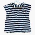 Ann Mashburn  Linen Cotton Top Size XS Navy Blue White Ruffle Tie Blouse Cap Photo 0