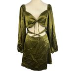 Pretty Little Thing New Olive Satin Cut Out Tie Detail Shift Mini Dress Womens 4 Photo 1