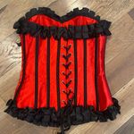 None Ruby Red Steel Bonded Satin Ribbon Overbust Ruffle Waist Trainer Corset … Photo 6
