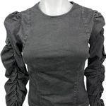 ZARA  Black Denim Ruched Puff Long  Sleeve Zip Up Crop Jean Shirt Blouse Top XS Photo 2