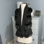 Charming Charlie Sweater Cable Knit Acrylic Faux Fur Fringe Crochet Cardigan Womens M Boho Office Photo 2