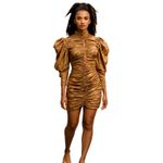 A Peuch Ruched Puff Sleeve Mock Neck Floral Print Mini Dress Brown M Size M Photo 1