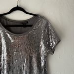 August Silk Shirt Vintage 90s 1X Gray Silver Sequin Party Top Swifty Disco Photo 1