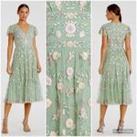 Mac Duggal  35104 Green Multicolor Embroidered V Neck Cap Sleeve Midi Dress Photo 1