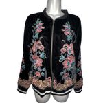 Elevenses Anthropologie Black Velvet Embroidered Bomber Jacket Full Zip Medium Photo 2
