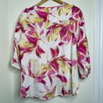 JM Collection  Linen Floral Button Down Blouse Top Wmns Sz 18 Pink Tan Roll Tab Photo 3