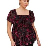 Torrid  Plus Size 2X Top Babydoll Velvet‎ Tiered Black Pink Floral Peplum 1362 Photo 0