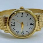 Ladies Quartz analog 30mm gold tone cuff bracelet watch white dial size 7” runs Photo 0