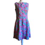 Handmade 1960s Vintage Pink and Blue Floral Linen High Neck Shift Dress | Medium Photo 0