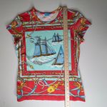 J. McLaughlin Nautical Sailboat Print Tee Medium Red Catalina Cloth Coastal Slim Photo 10