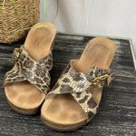 Vionic  Brown & Tan Snakeskin Print Danette Slip On Cork Heel Sandal Shoes 8 Photo 1