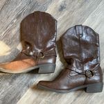 Embroidered Pointed Toe Bronze Embellishment Dark Brown Heeled Cowboy Boots Sz 9 Photo 3