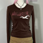 Hollister Vtg Y2K Brown Long Sleeve Graphic Top Pink Logo Womens Small Photo 0