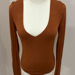 Lulus  Deep V-Neck‎ Brown Long Sleeve Bodysuit Photo 0