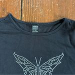 SheIn Black Graphic Crop T-Shirt with Bedazzled Butterfly Design Photo 1